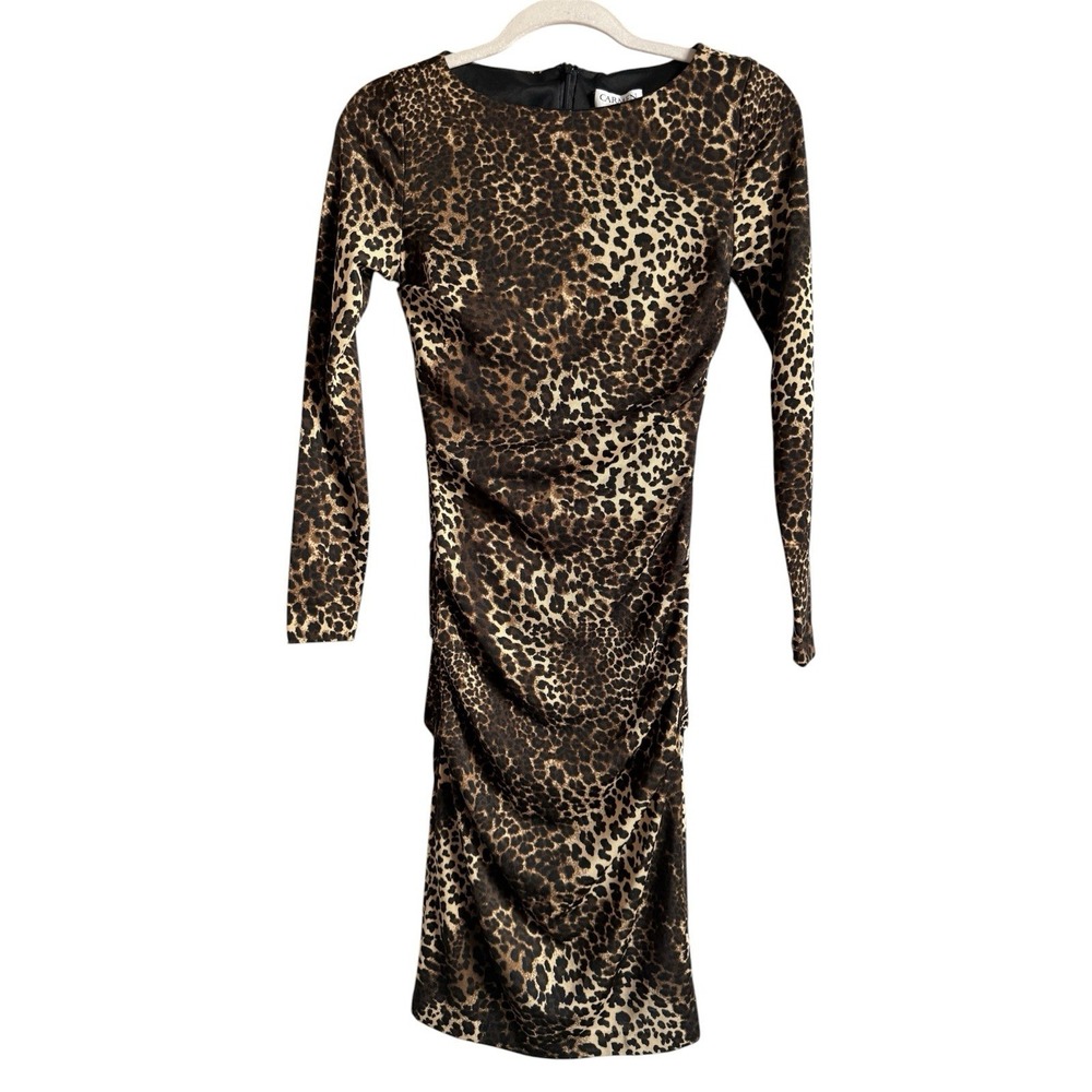 Carmen Marc Valvo Leopard Print Ruched Bodycon Midi Dress Long Sleeve Women's XS
